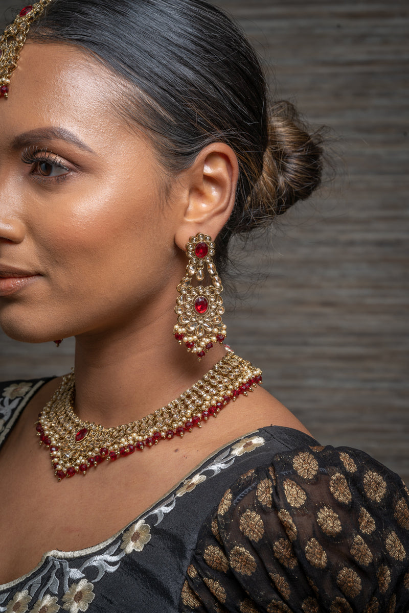 || GULABI || Red Gold Indian Necklace, Earrings & Tikka