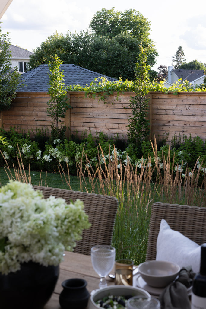 a horizontal wood fence with columnar hornbeam, yews, hydrangeas, and boxwoods in front of it