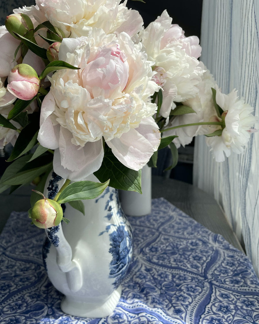 Fresh light pink white peonies in a blue and white ceramic vase