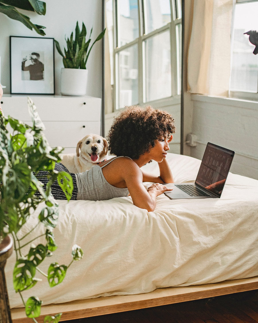 Woman working in bed with a dog and surrounded by plants - LOV Flowers