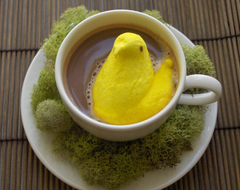Yellow peep floating in a cup of coffee amidst a decorative array of greenery on a white ceramic plate.