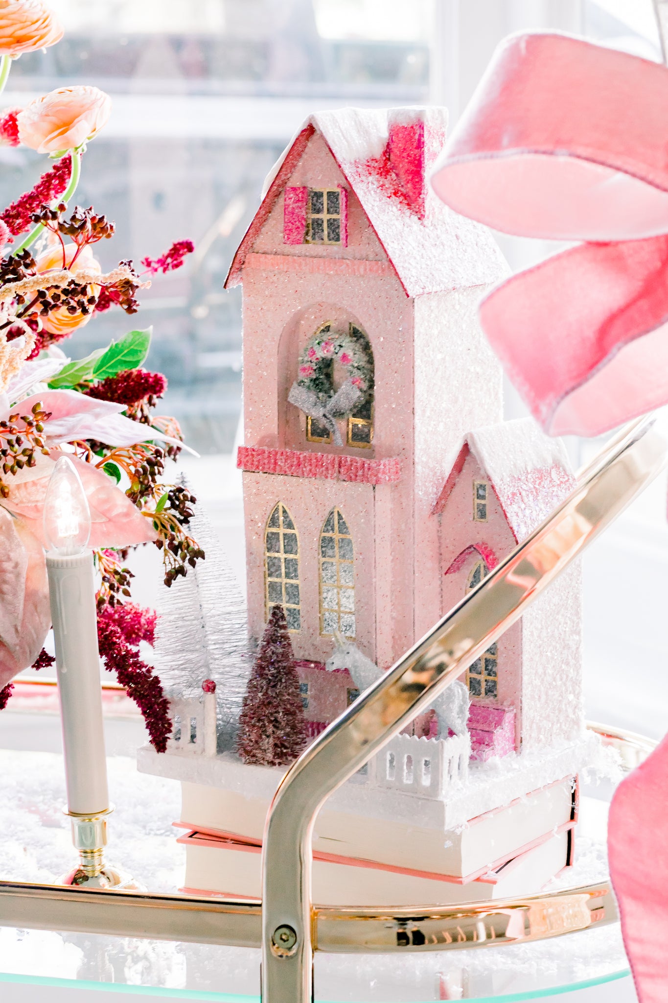 Pink Christmas houses.