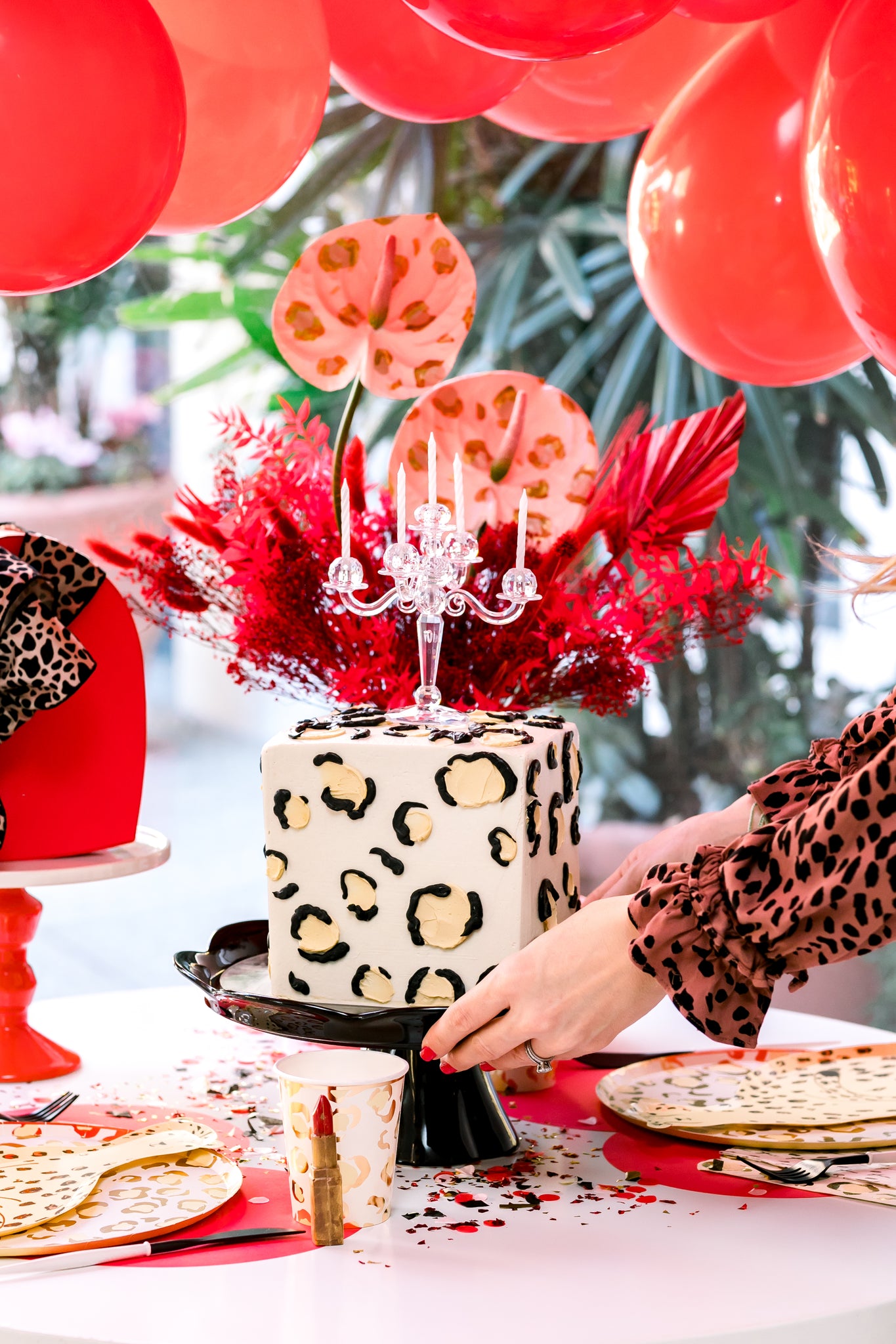 Cheetah print Valentine's Day decorations and tableware