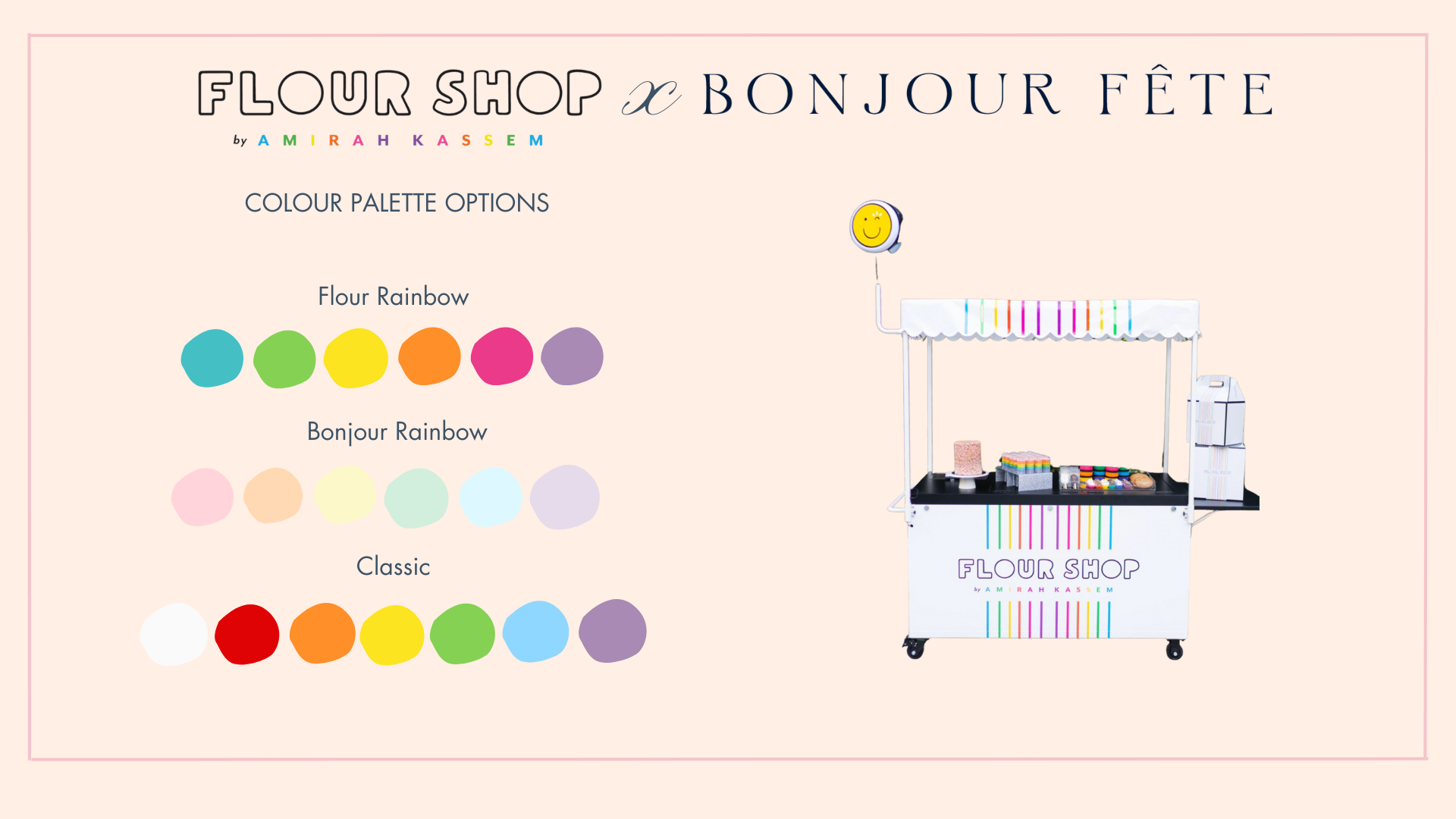 Bonjour Fête balloon garland colors for the Flour Shop dessert cart.