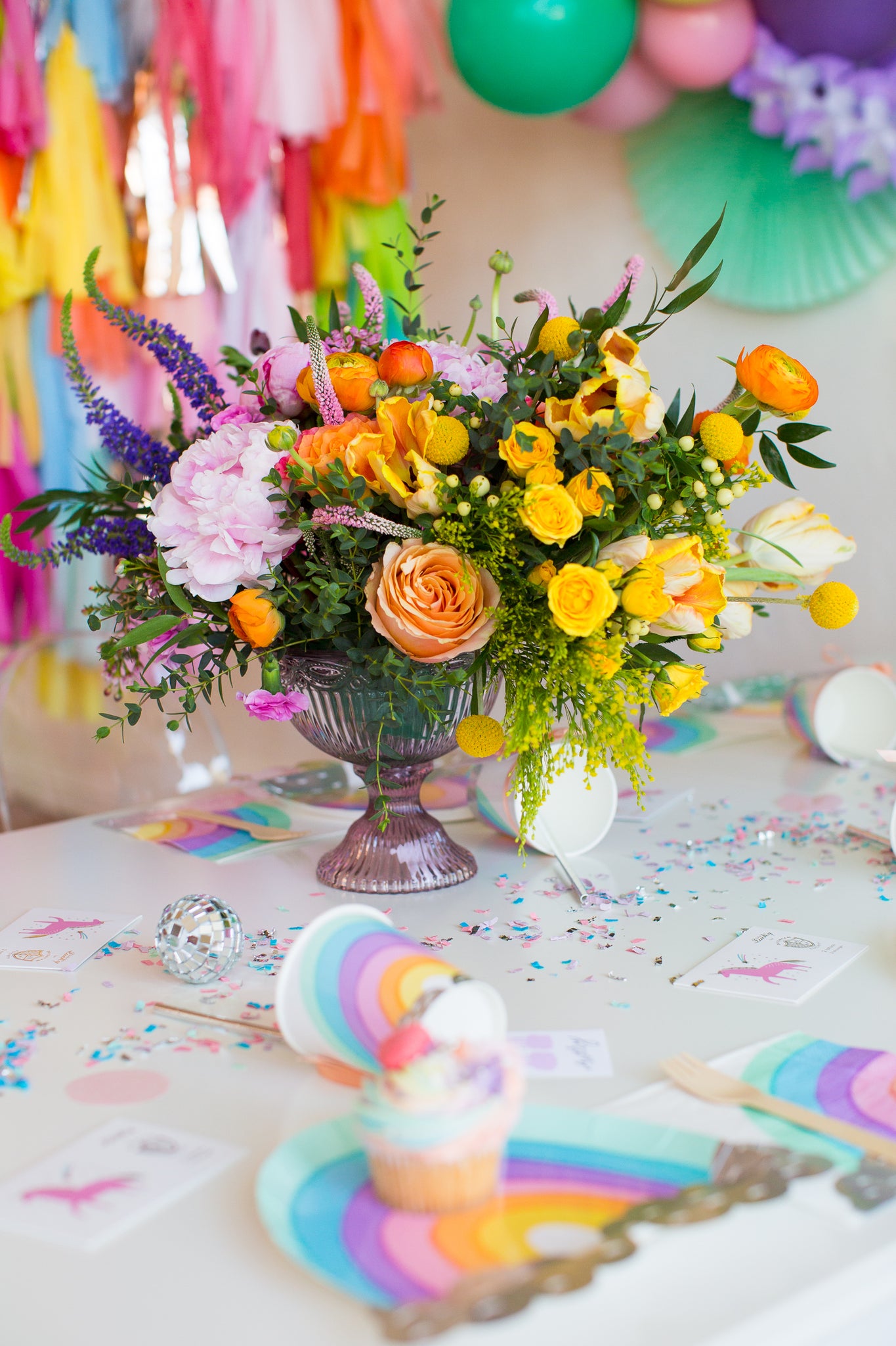 Rainbow bouquet used as a rainbow party centerpiece. 