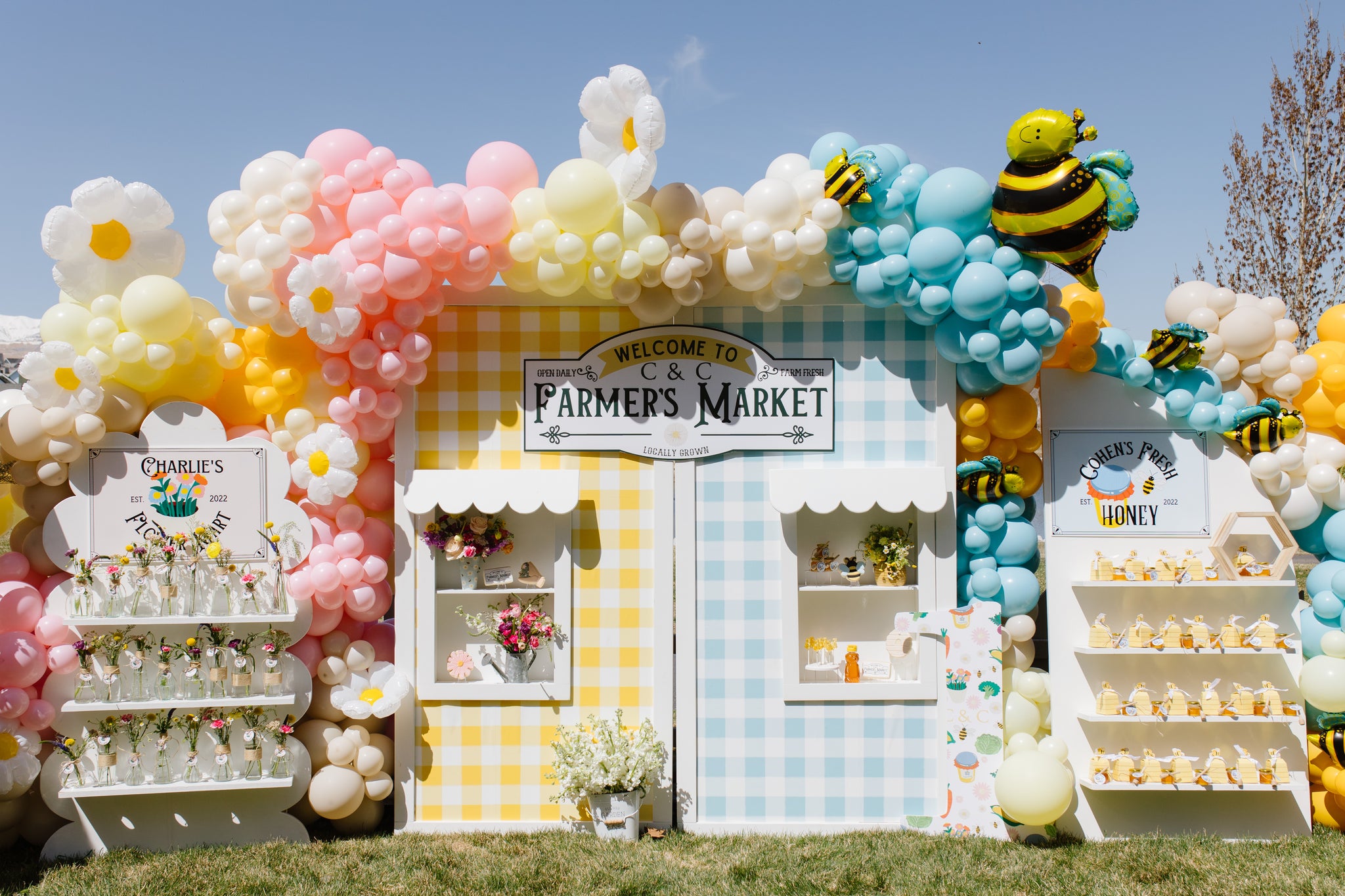 Farmer's market backdrop for a farm theme birthday party.