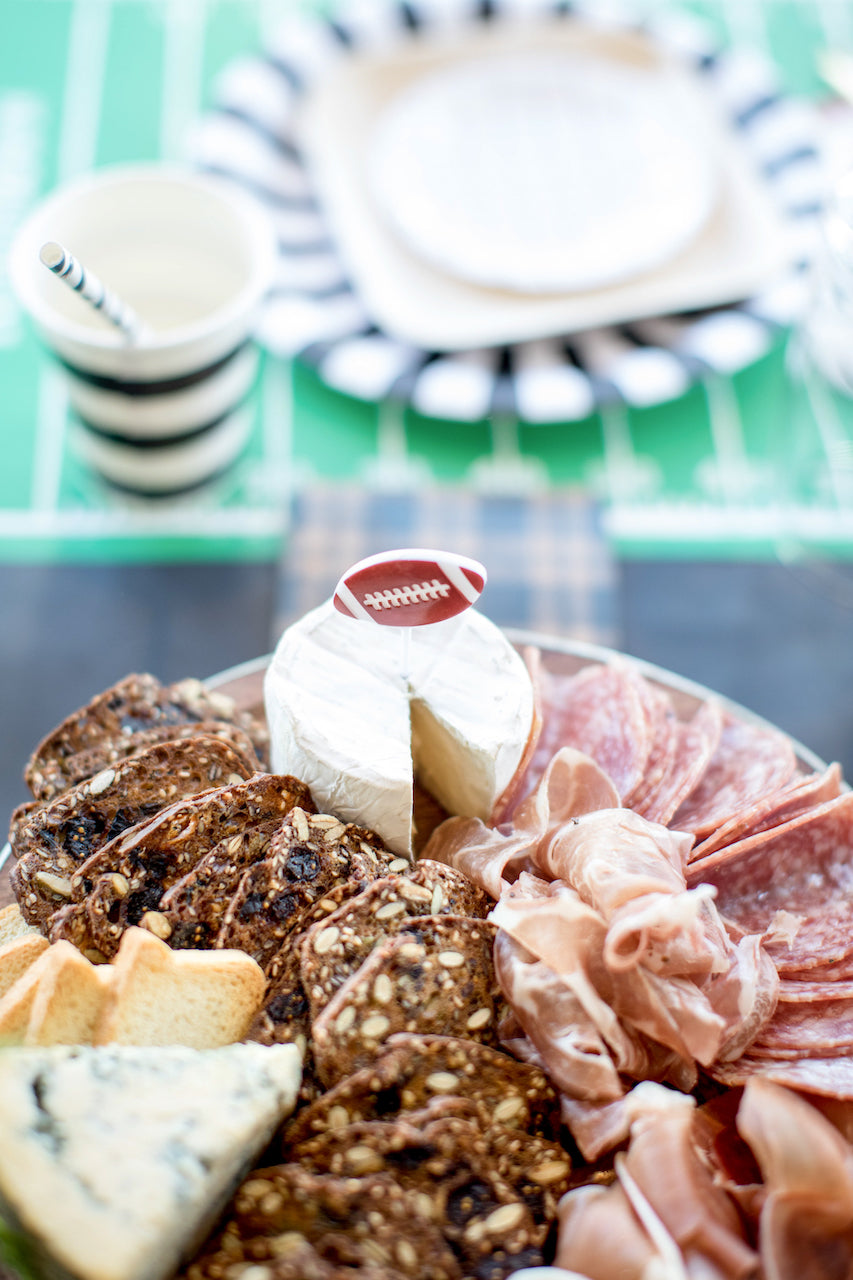 Football themed charcuterie board for a Super Bowl party