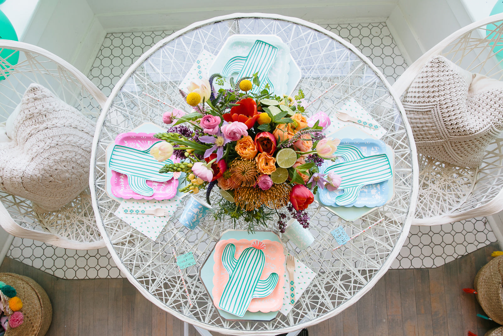 Colorful cactus tableware for a Cinco de Mayo celebration. 