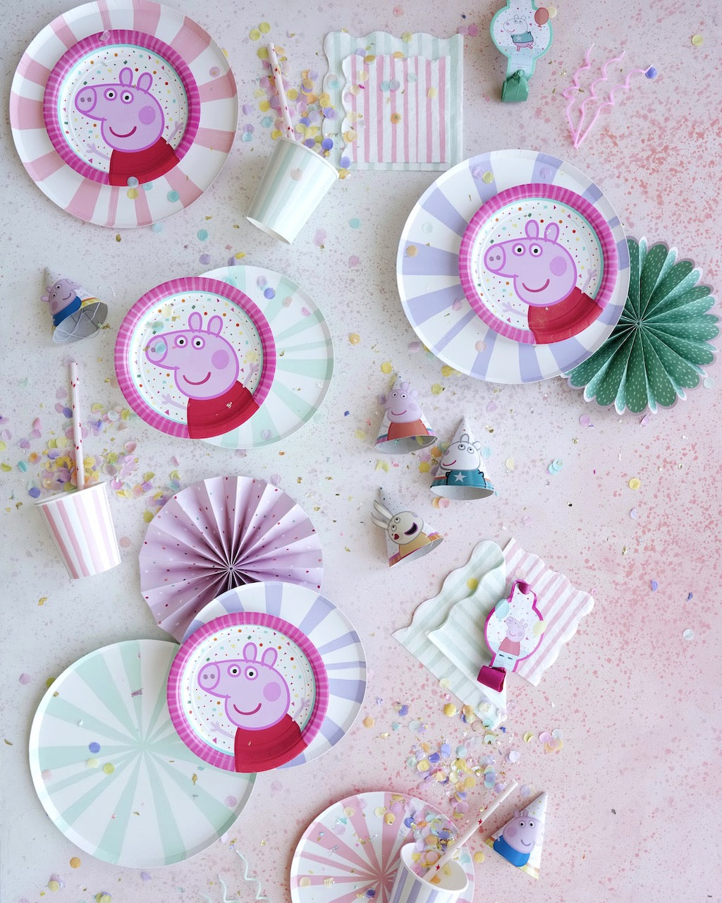 Peppa Pig party supplies for a girl's birthday party.