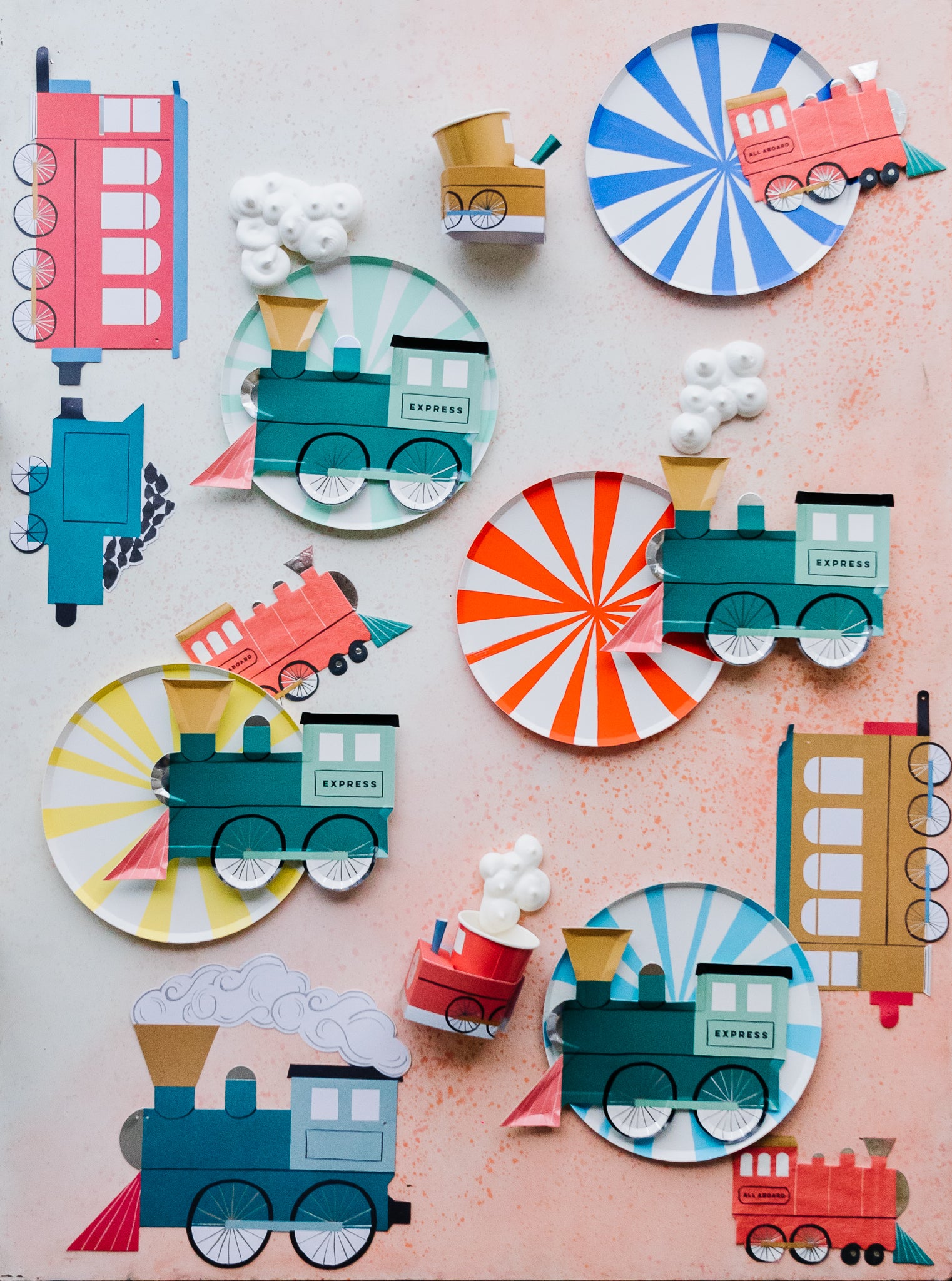 Train-themed party supplies to use for a kid's birthday party. 