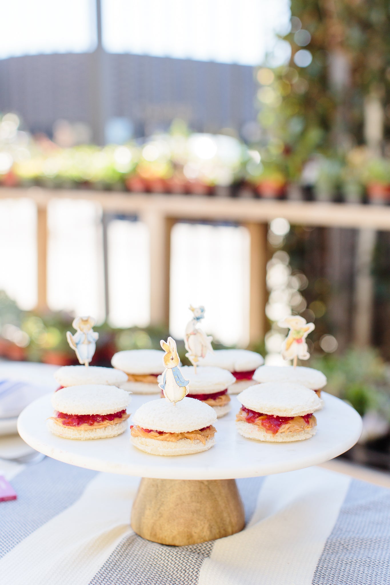 Mini sandwiches served at a Peter Rabbit birthday party for children.