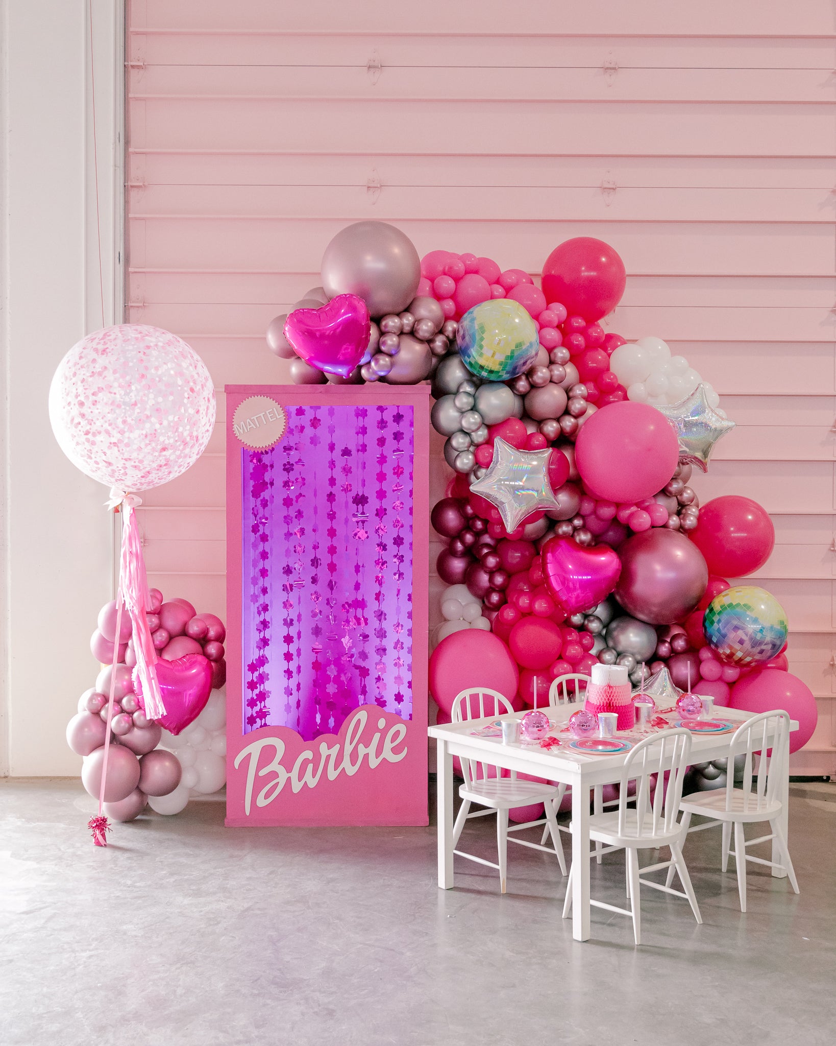 Barbie party decorations and Barbie party backdrop ideas.