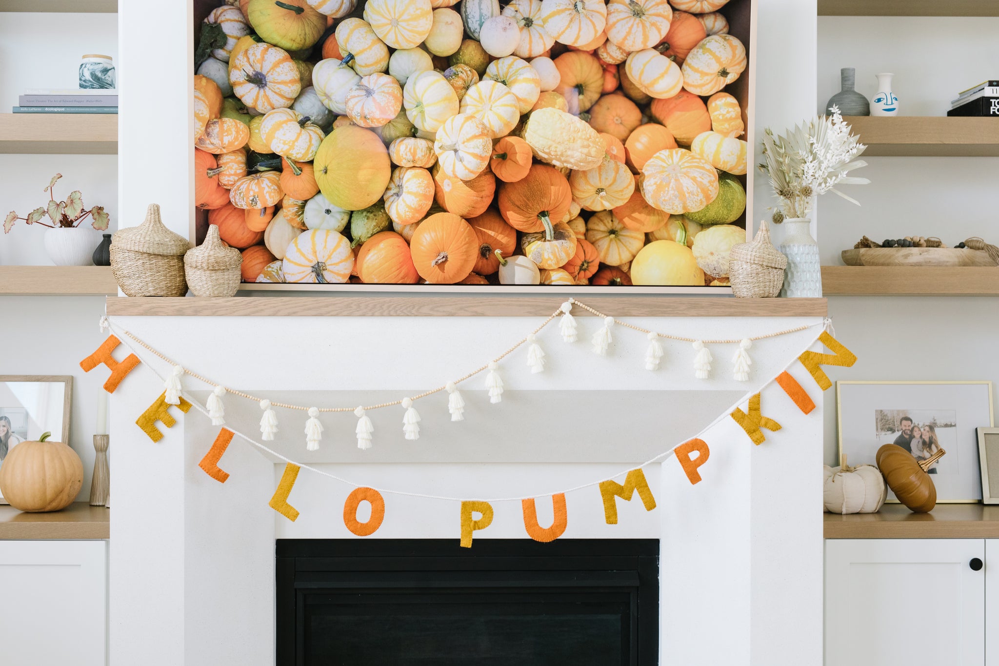 Fall home decor set-up and mantle decorations.