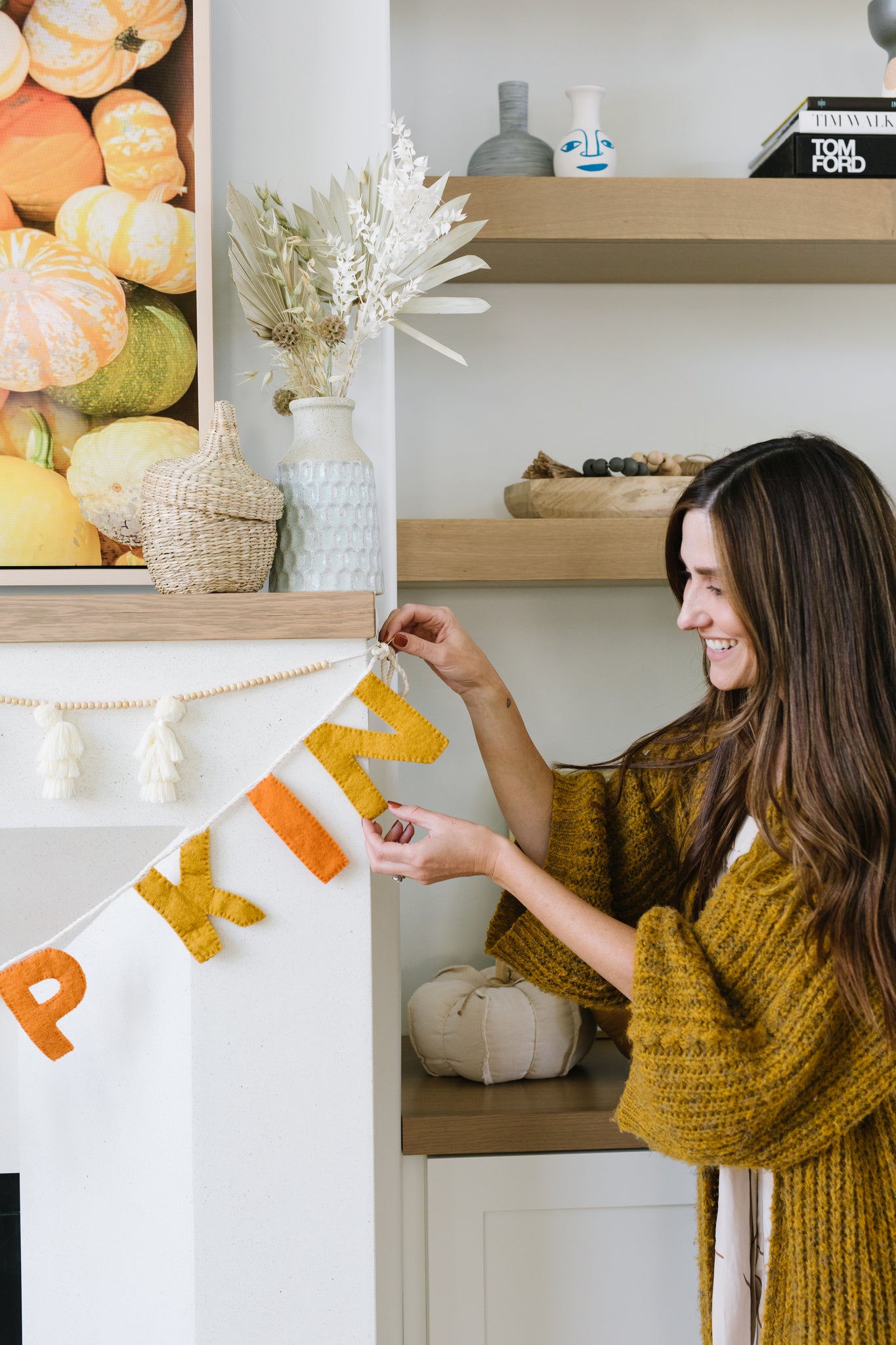 Harvest and pumpkin themed fall home decorations.