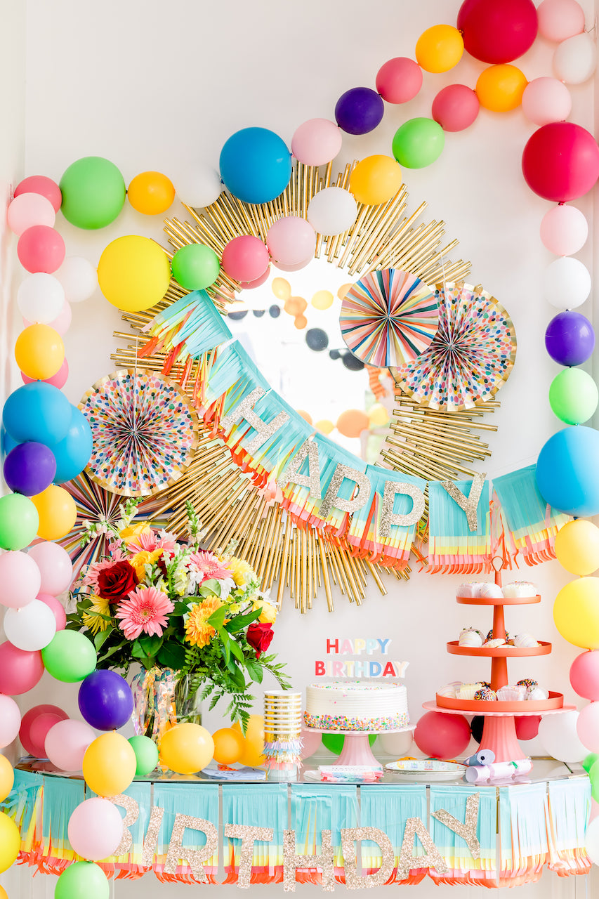 Bright birthday party supplies and decorations
