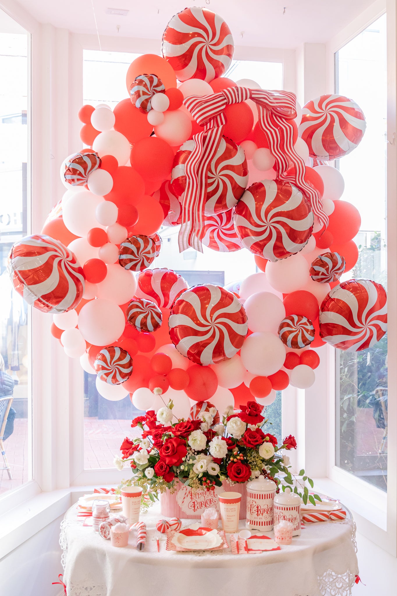 Peppermint balloon garland for a peppermint Christmas party.