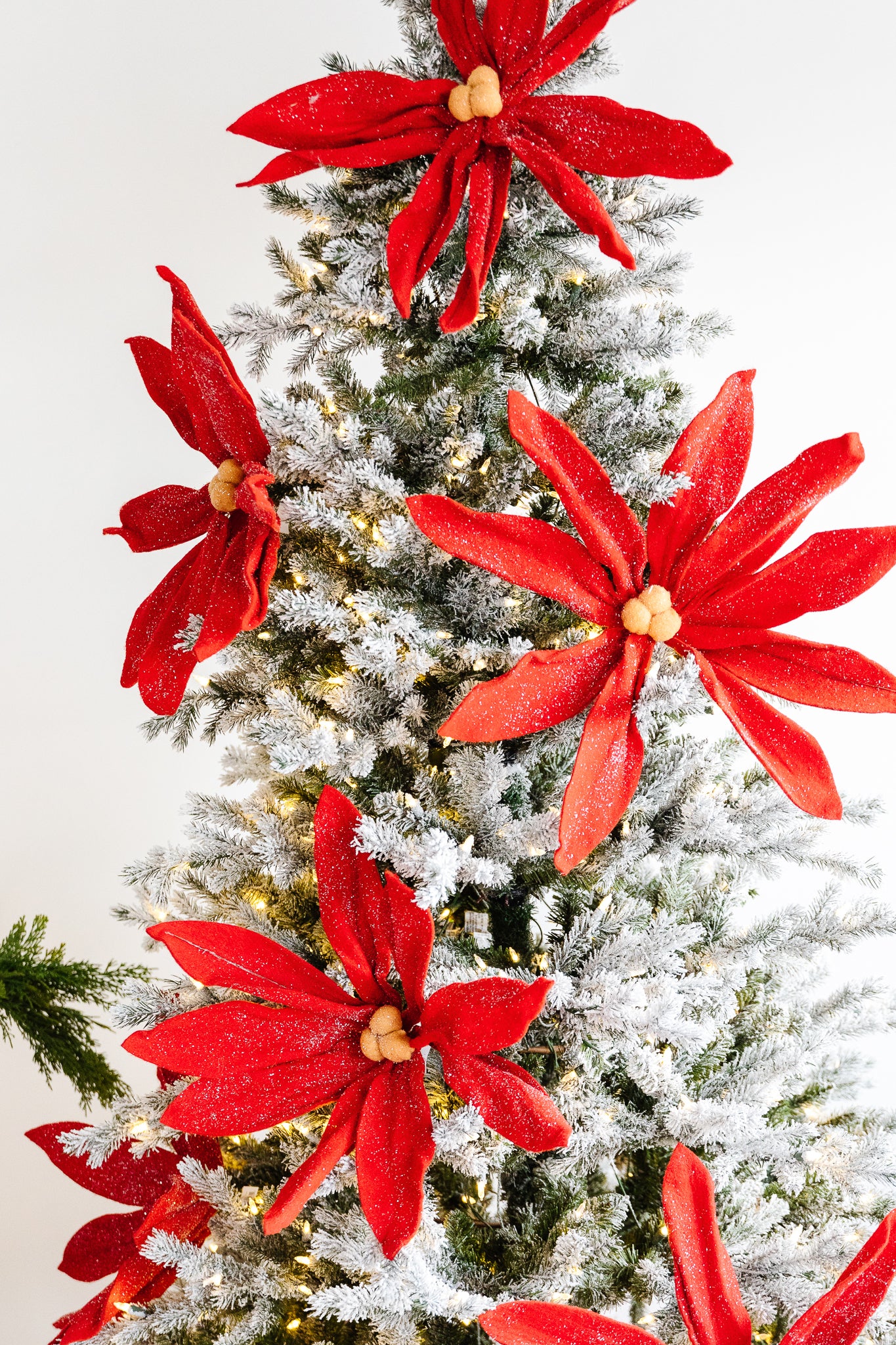 Red poinsetta tree decorations.
