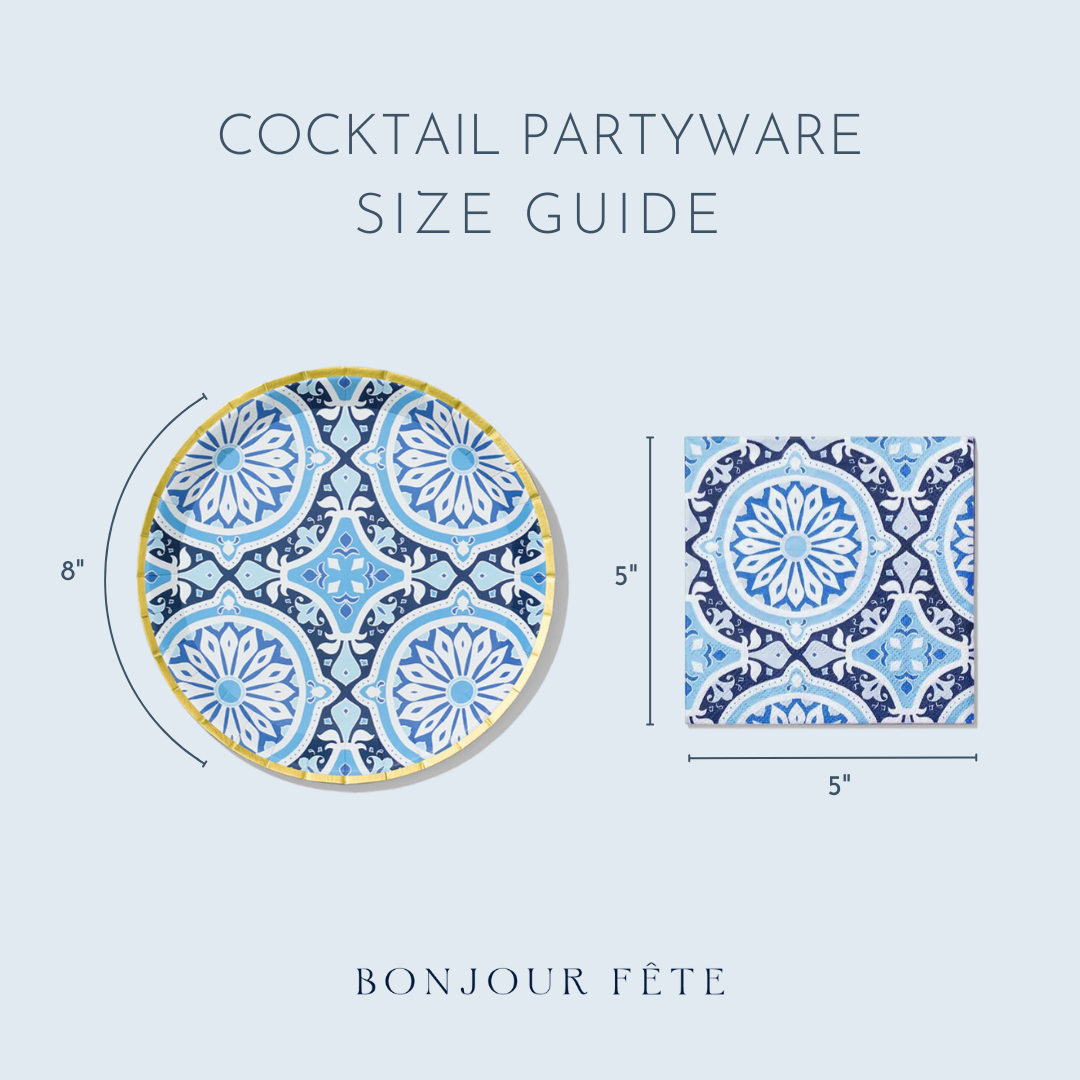 Cocktail party plates and napkins size guide.