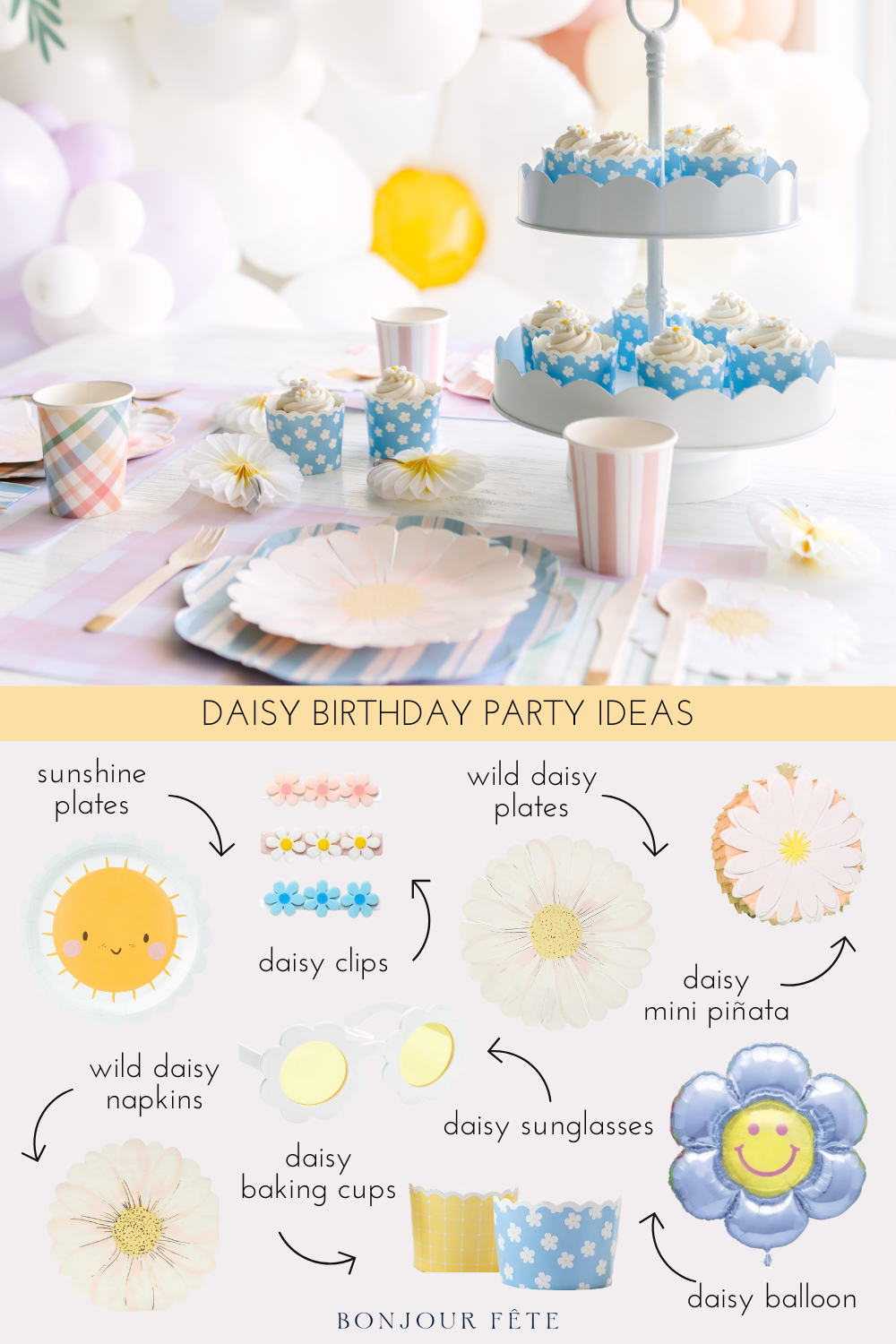 Daisy party ideas and daisy party supplies.