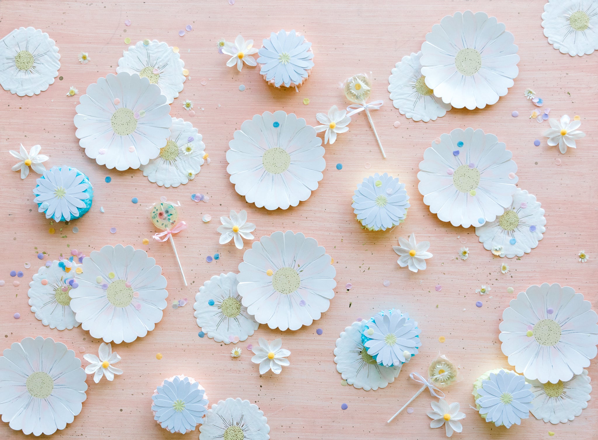 Daisy plates and daisy party favor ideas.