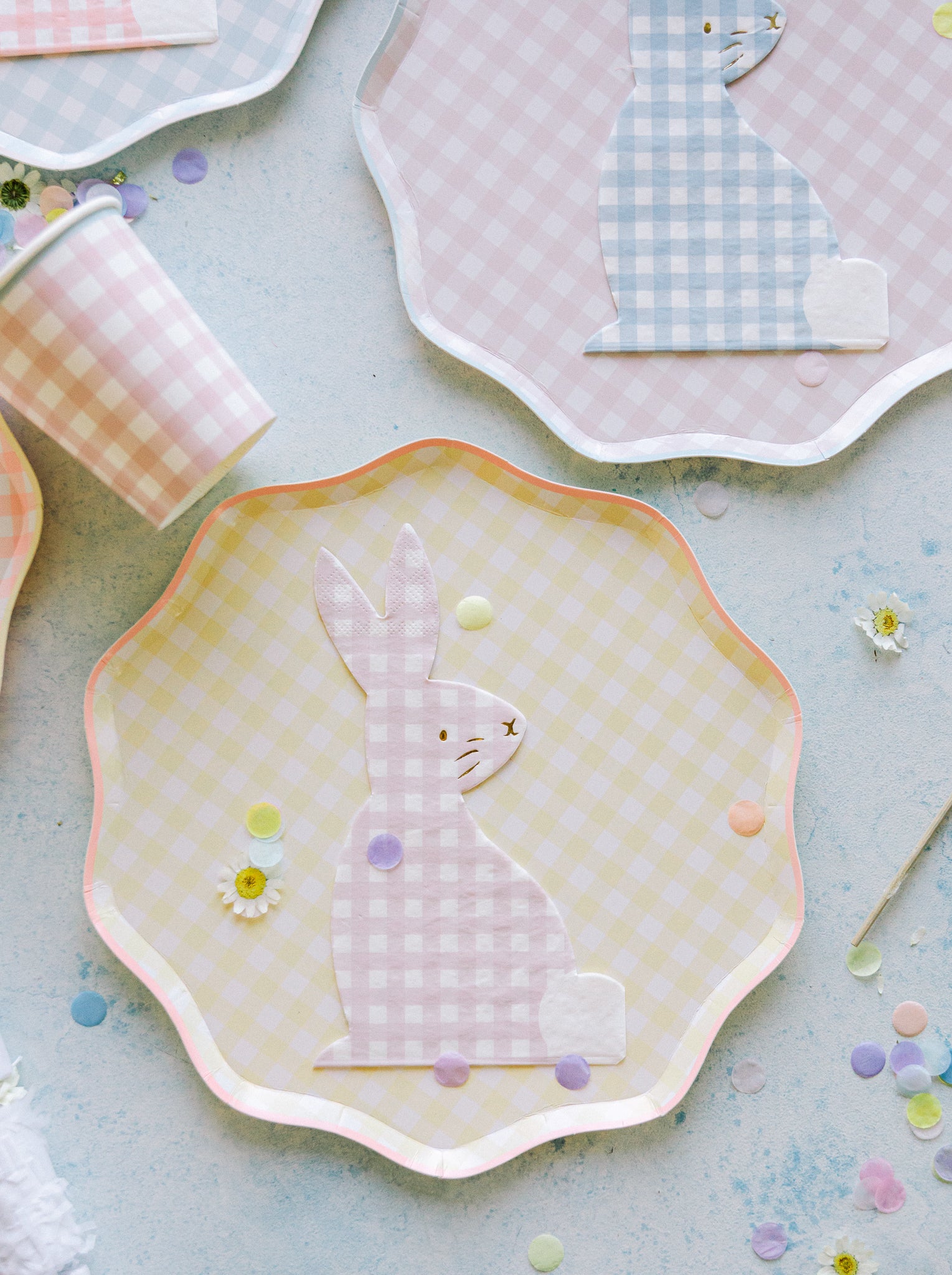 Pastel gingham plates, and bunny themed gingham napkins.