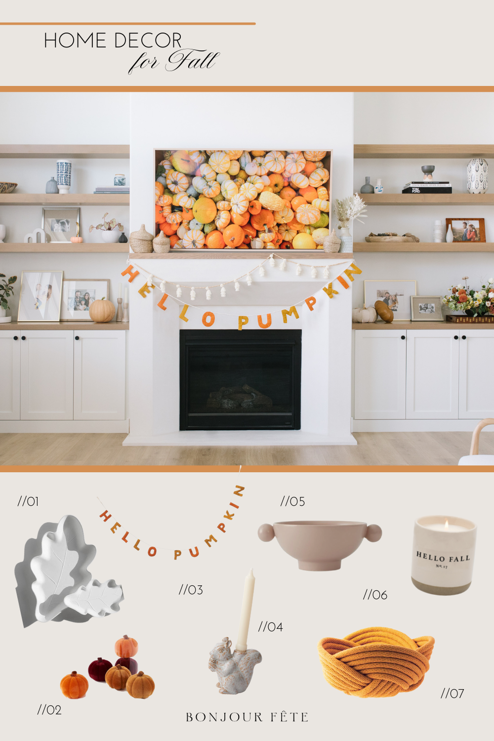 Hello pumpkin themed fall home decor and mantle.