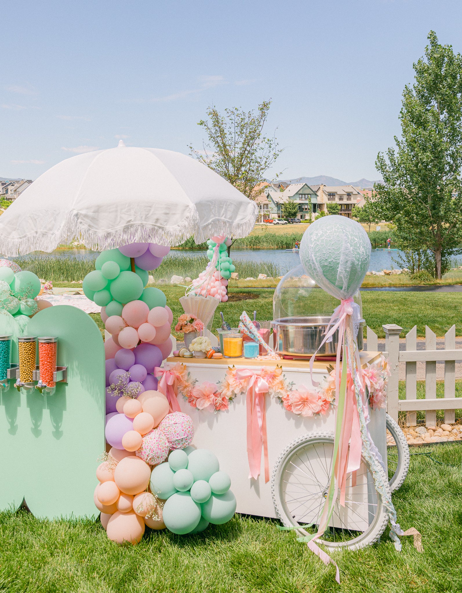 Pastel cotton candy cart used at a girl's Paris birthday party.