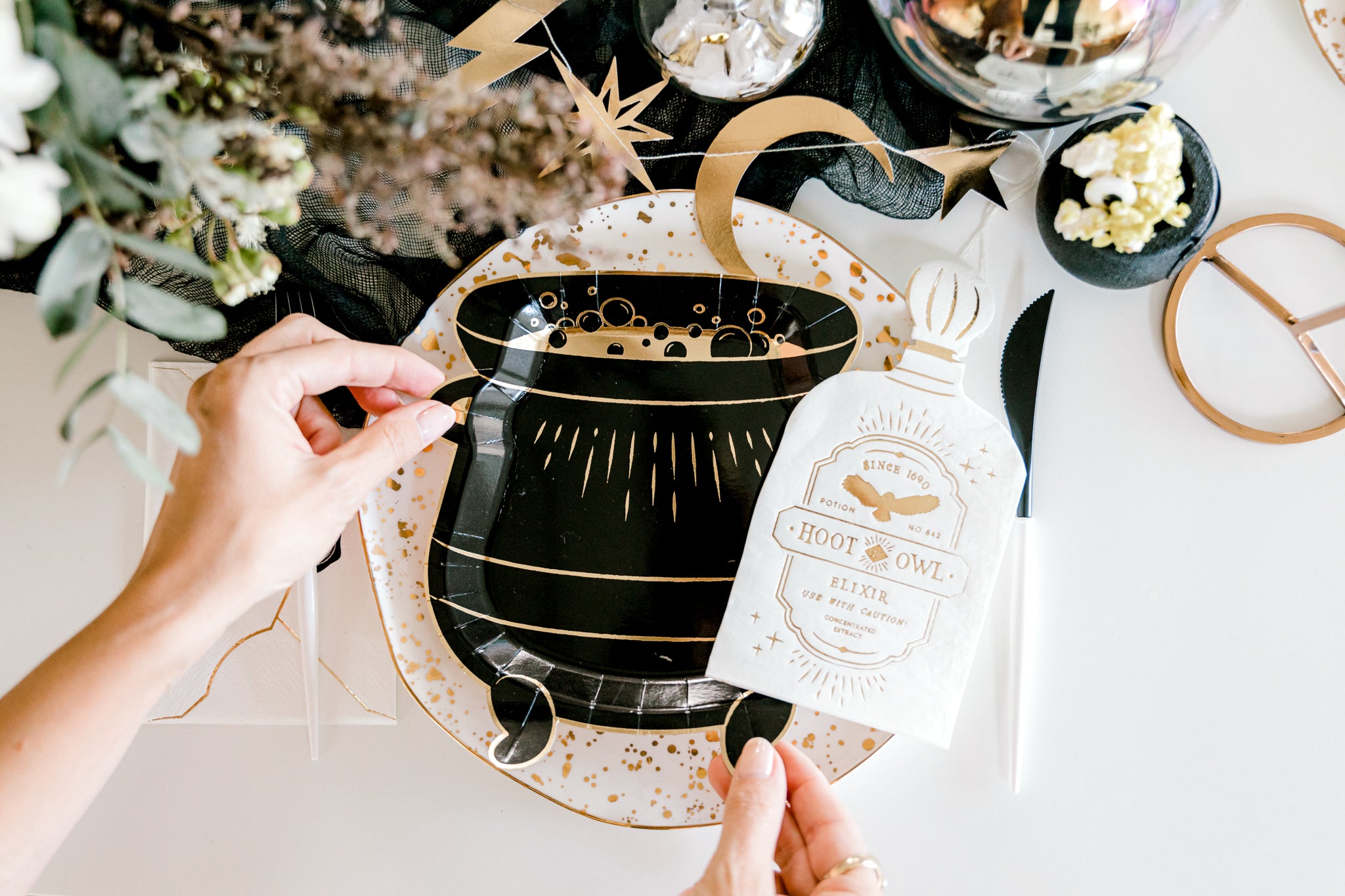 Setting the table with a Harry Potter themed cauldron plate 