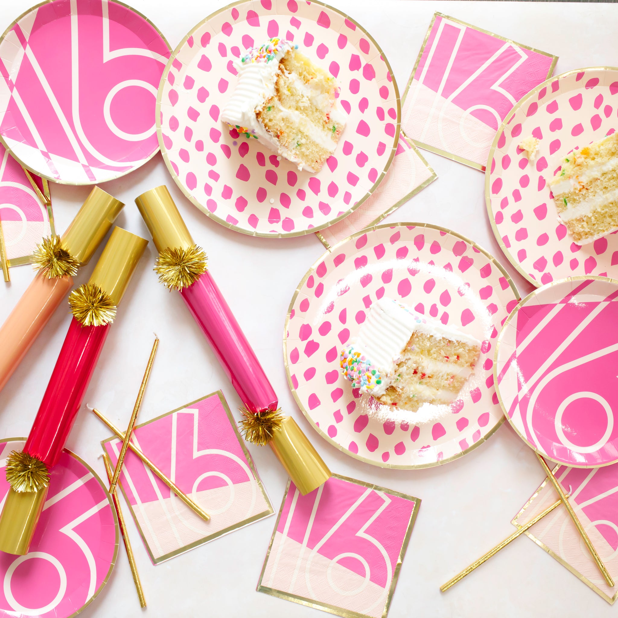 Birthday party supplies for a Sweet 16 celebration