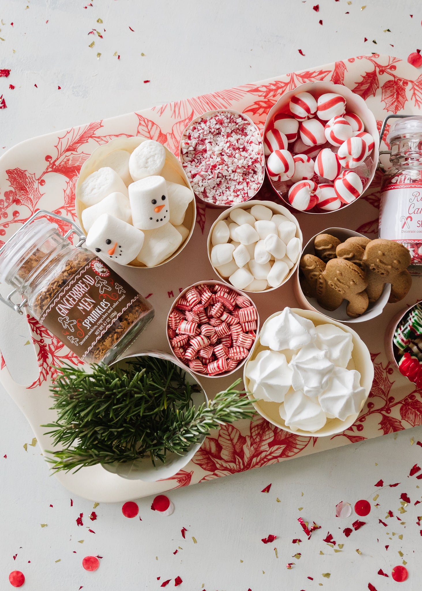 Hot chocolate topping ideas for a Christmas hot cocoa bar.