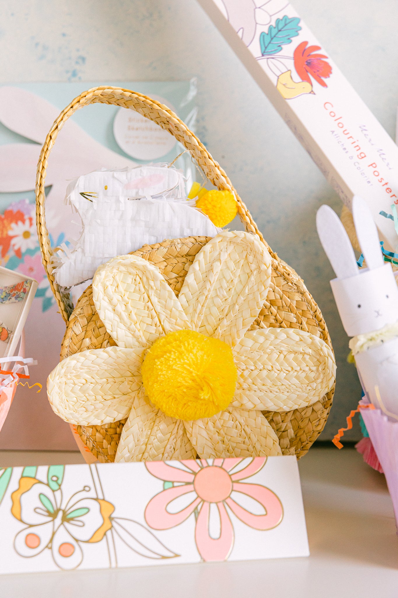 Spring wicker bag used as a fun Easter basket idea