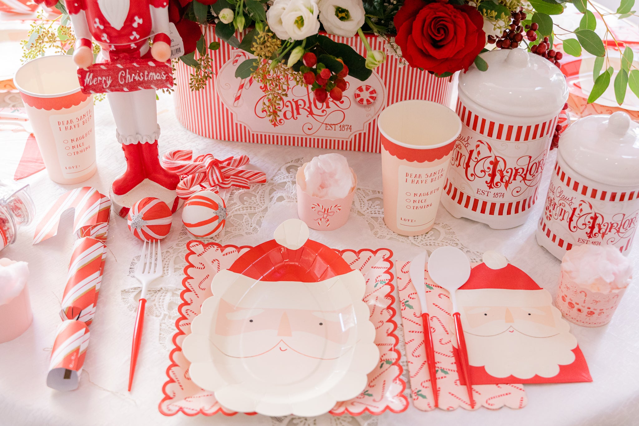 Red and white peppermint Christmas party supplies and decorations.