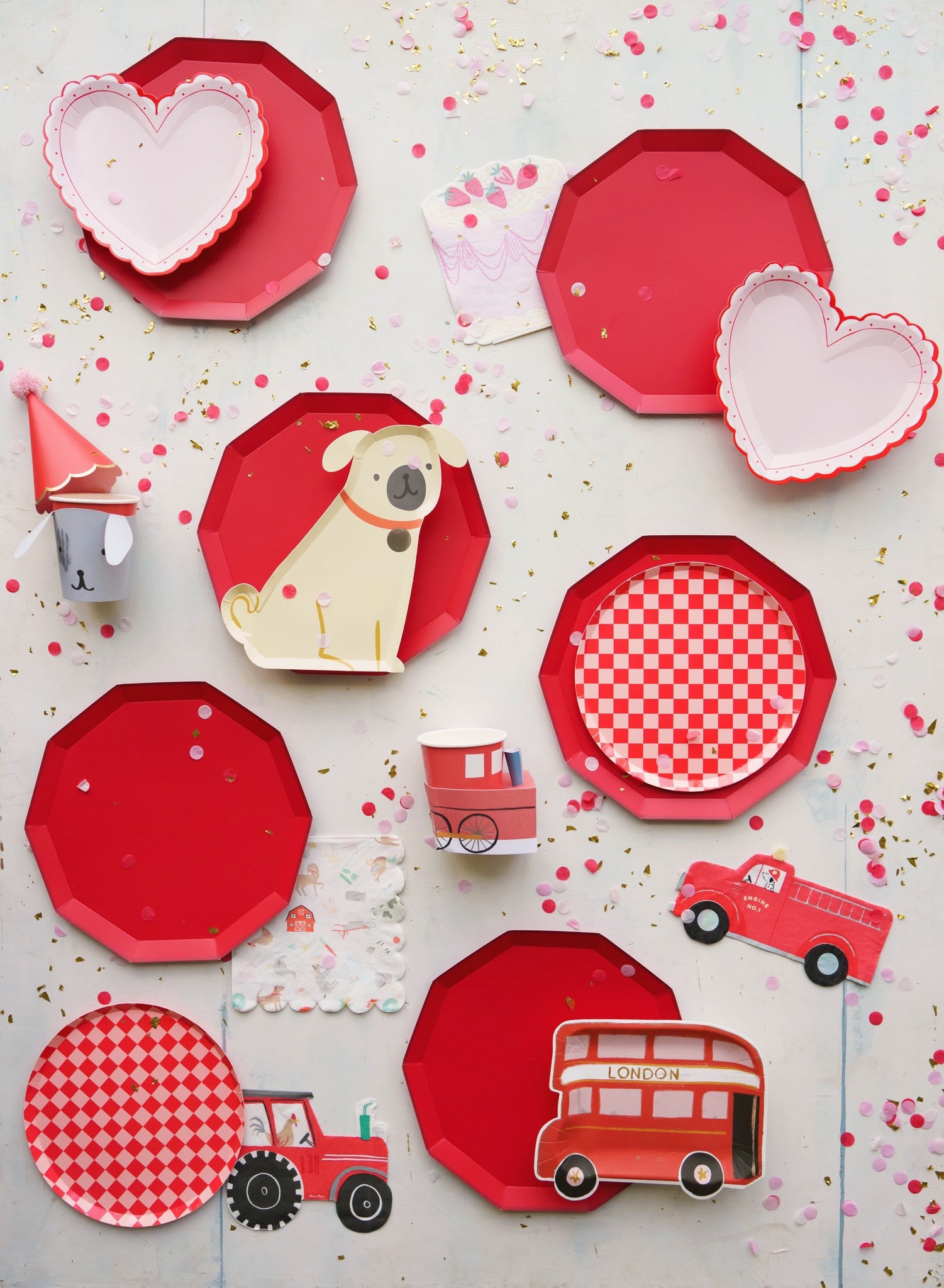 Cherry red premium paper plates to use for a boy birthday party, gender neutral birthday party, Valentine's Day, or any occasion.