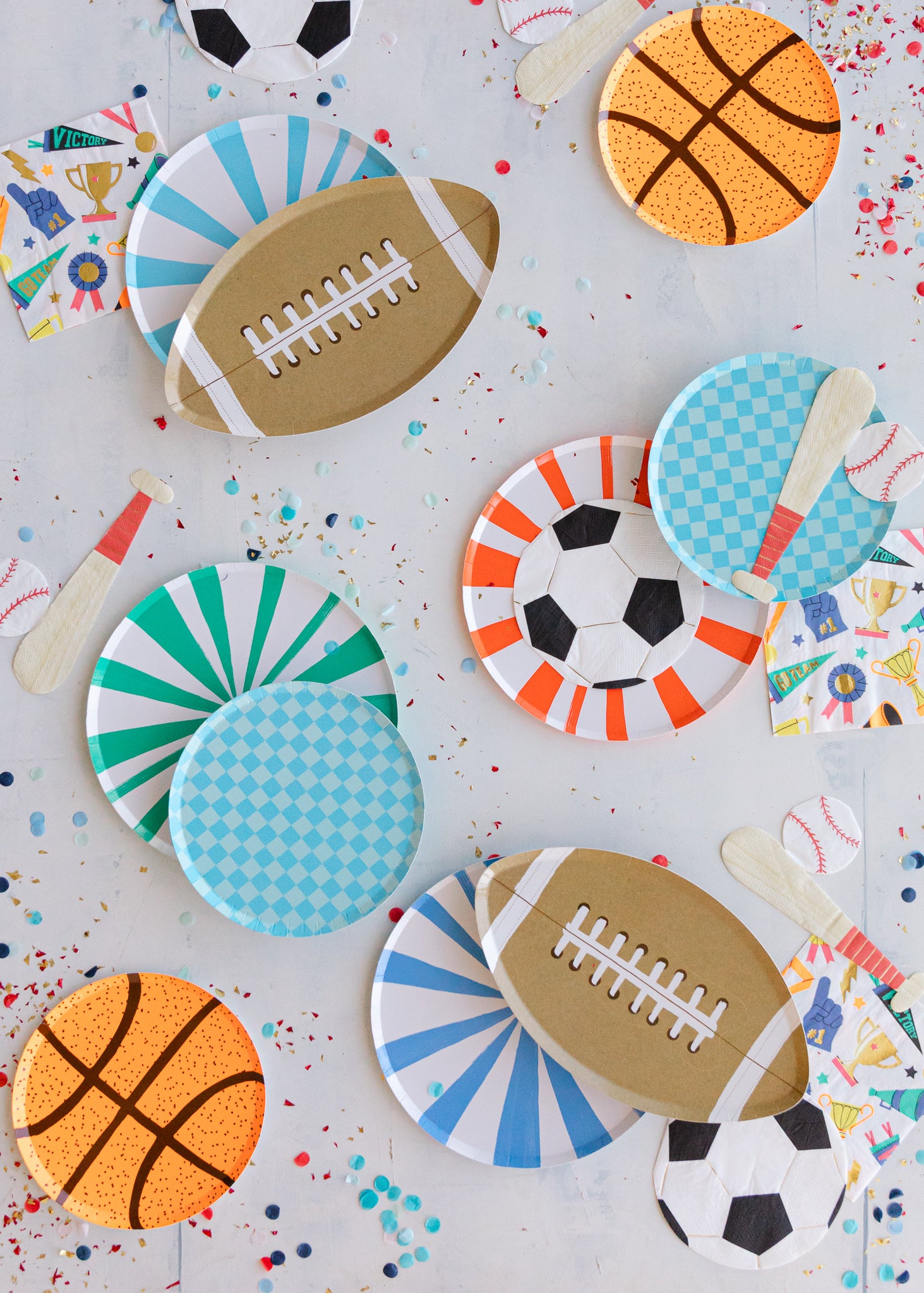 Sports party supplies for a boy's sports theme birthday party.