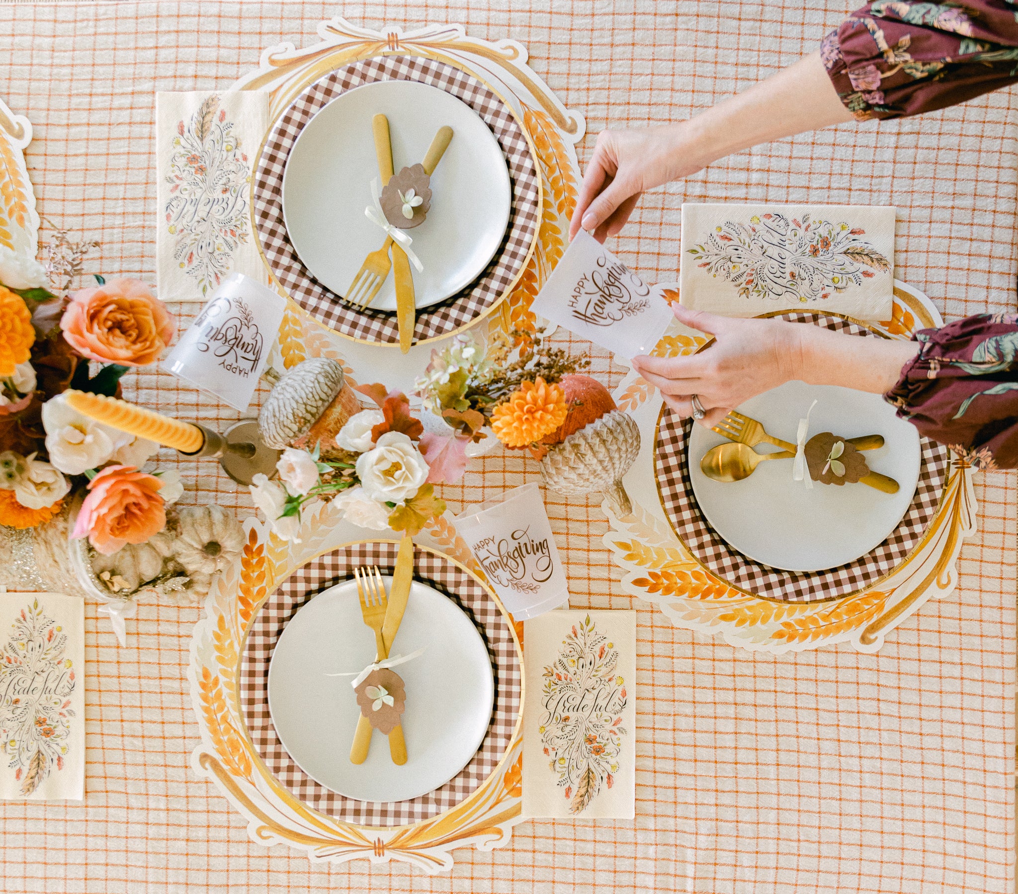 Thanksgiving table setting ideas with paperware and fine dinnerware.