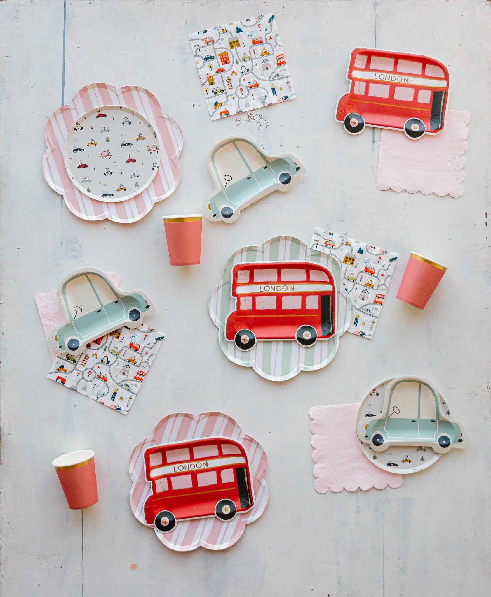 London bus and car-shaped plates for a car-themed birthday party. 