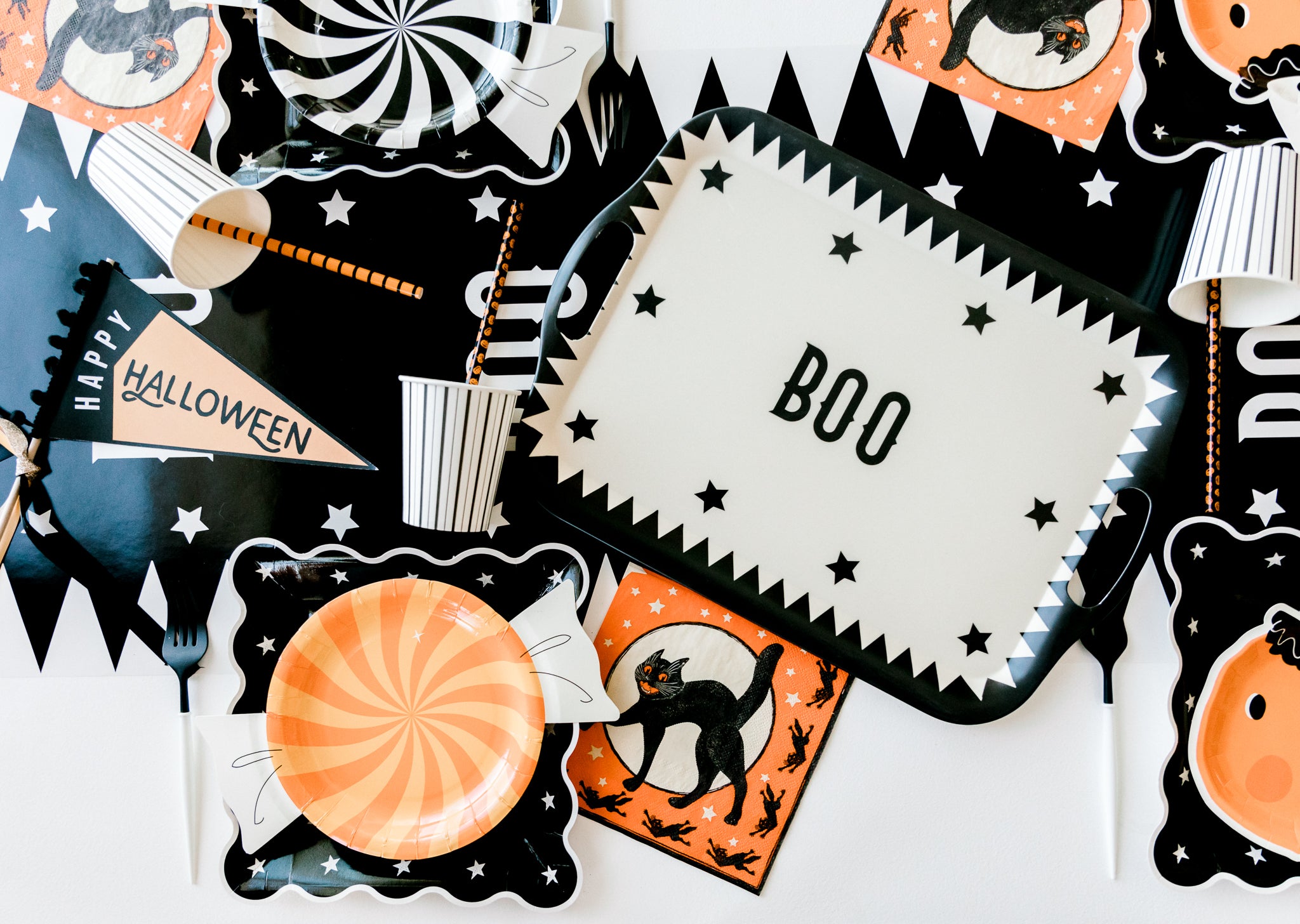 Vintage Halloween party supplies on a Halloween party tablescape.