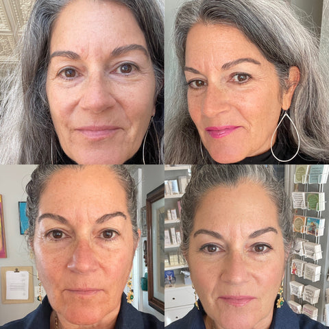 4 photos of same woman, 2 with makeup on and 2 without makeup showing before and after
