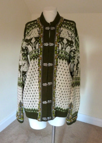 Norwegian green and cream reindeer pattern cardigan jacket