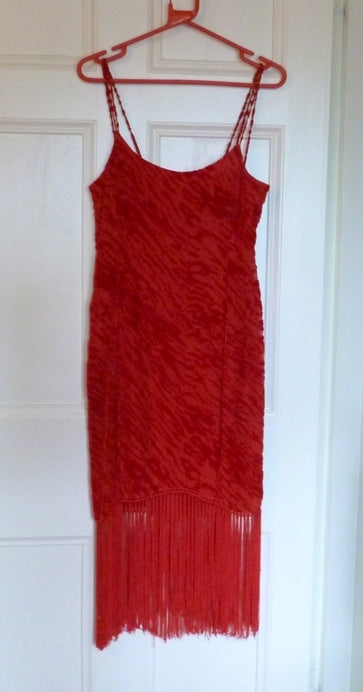 red devore fringed cocktail dress