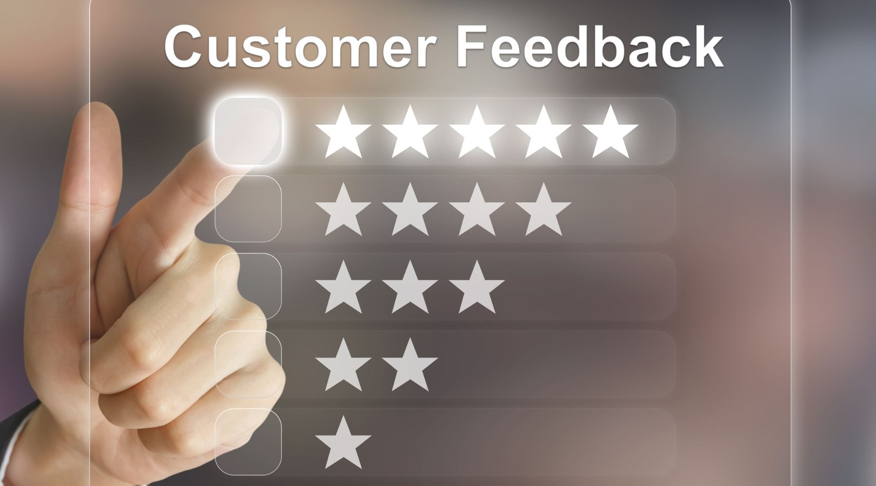 A picture of a finger pointing to 5 stars to represent customer feedback