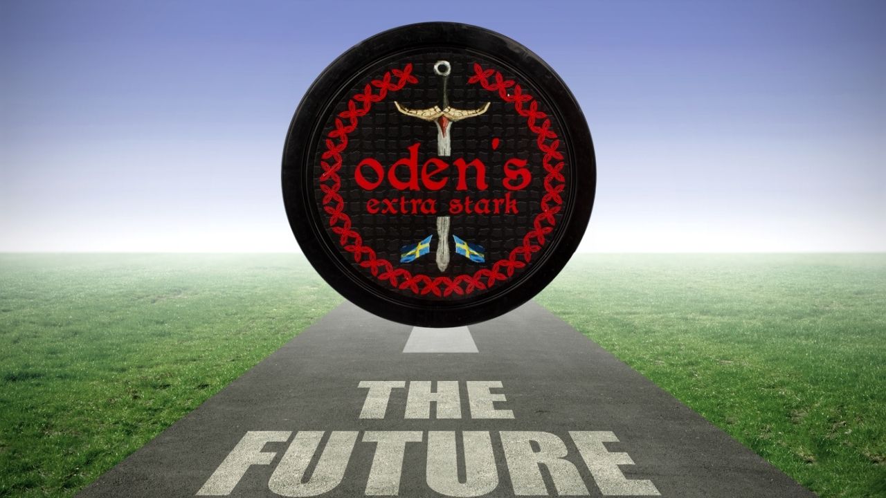 A road going into the far distance and the words "The Future" written in the foreground. At the top a tin of Odens' Extra Stark Snus.