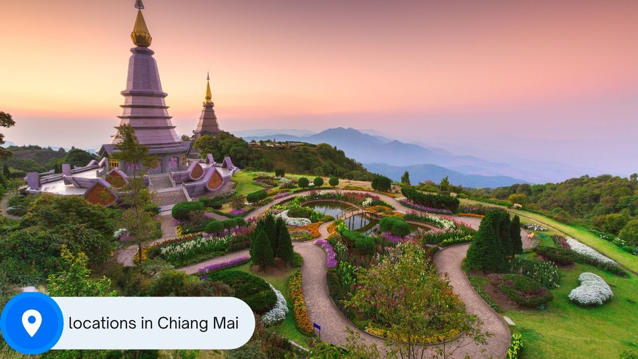 A picture of a temple on a mountain in Chiang Mai with a location sign with the words "locations in Chiang Mai" written on it.