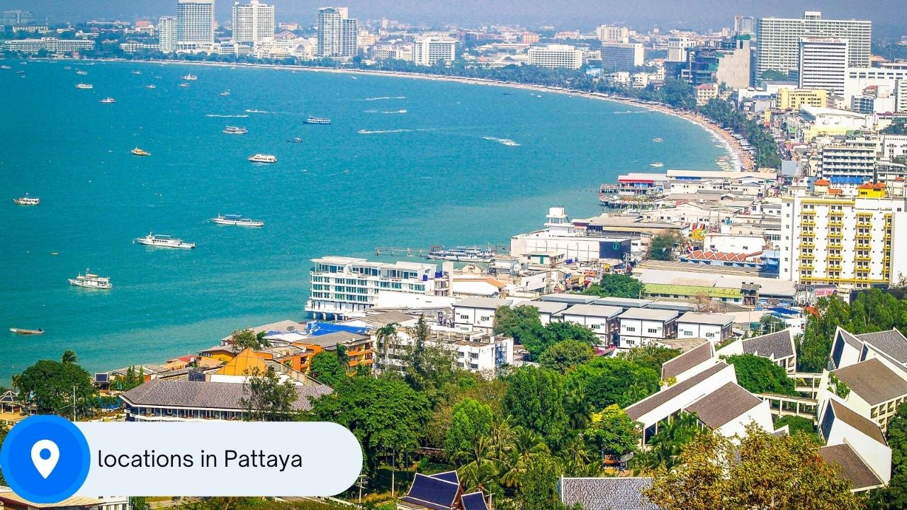 A picture of Pattaya beach with a location sign with the words "locations in Pattaya" written on it.