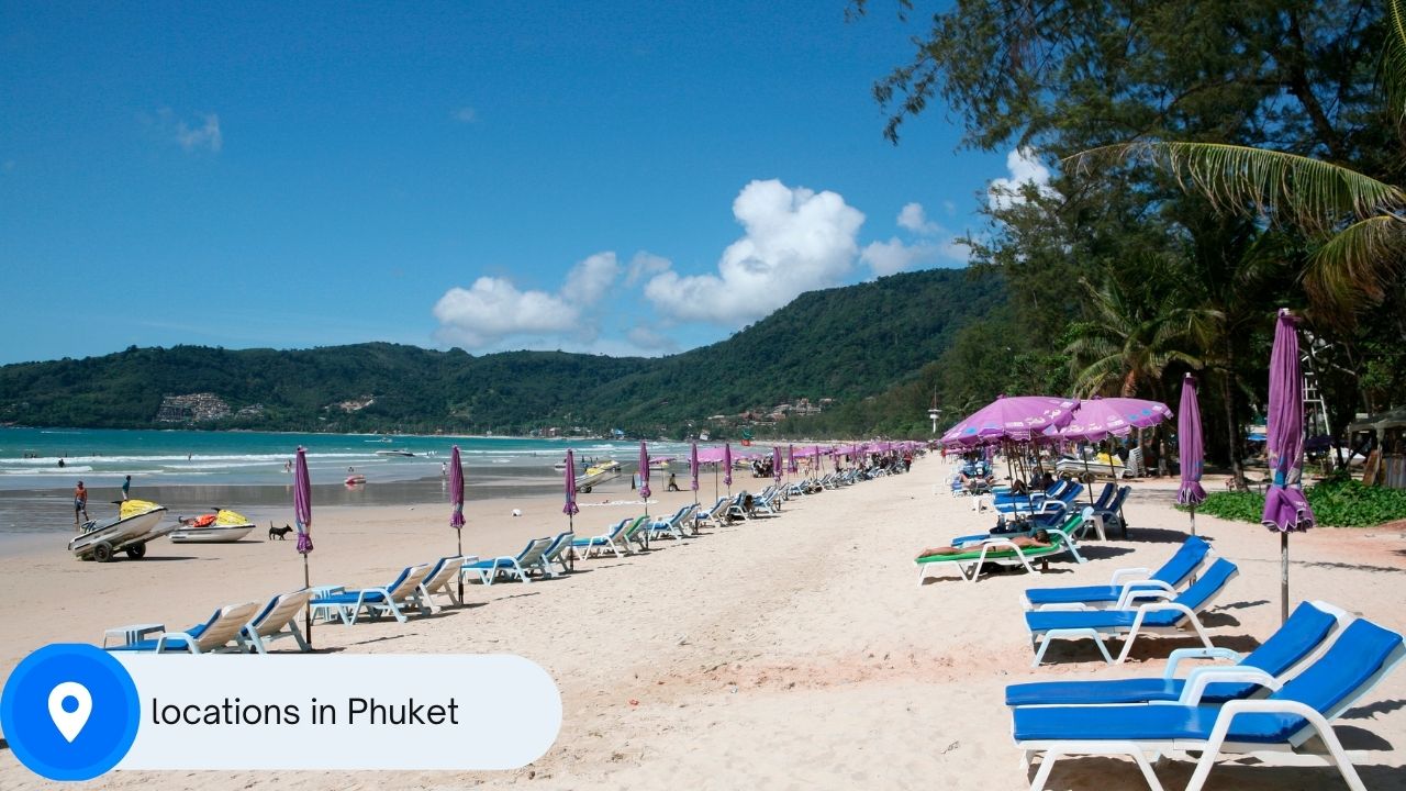 A picture of a beach on Phuket island with a location sign with the words "locations in Phuket" written on it.