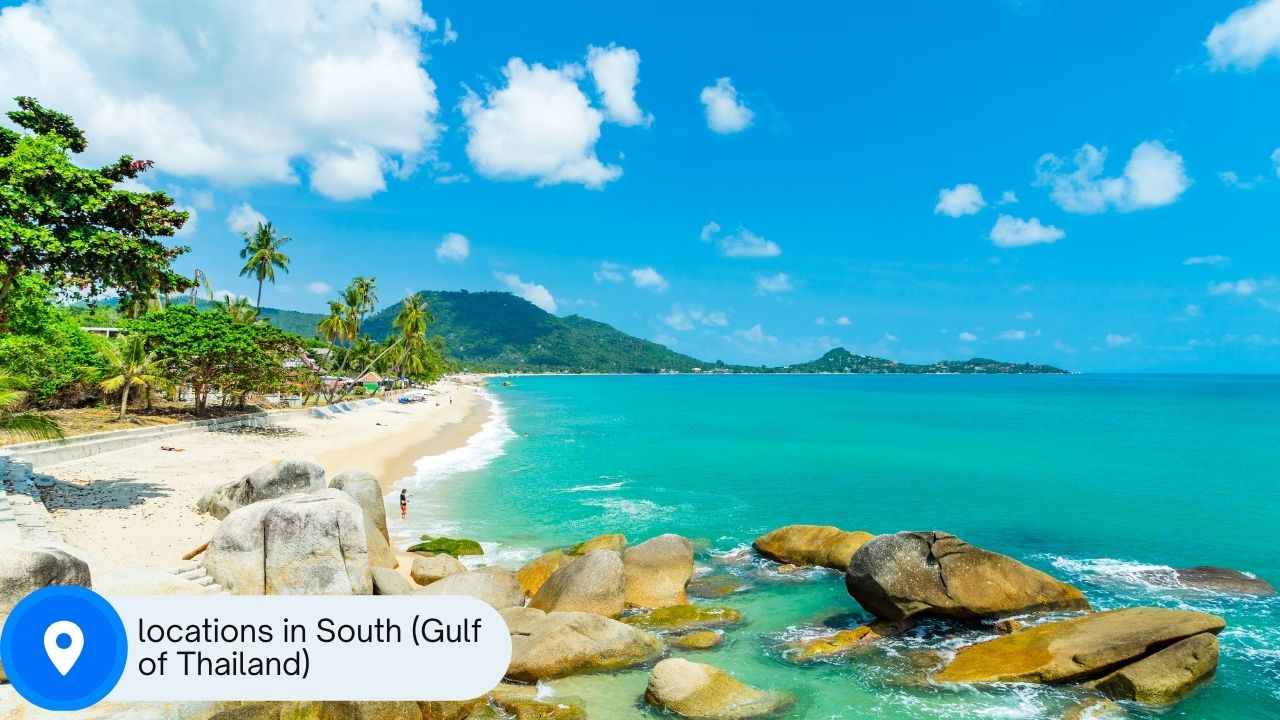 A picture of a beach on Koh Samui with a location sign with the words "locations in the south (Gulf Thailand)" written on it.
