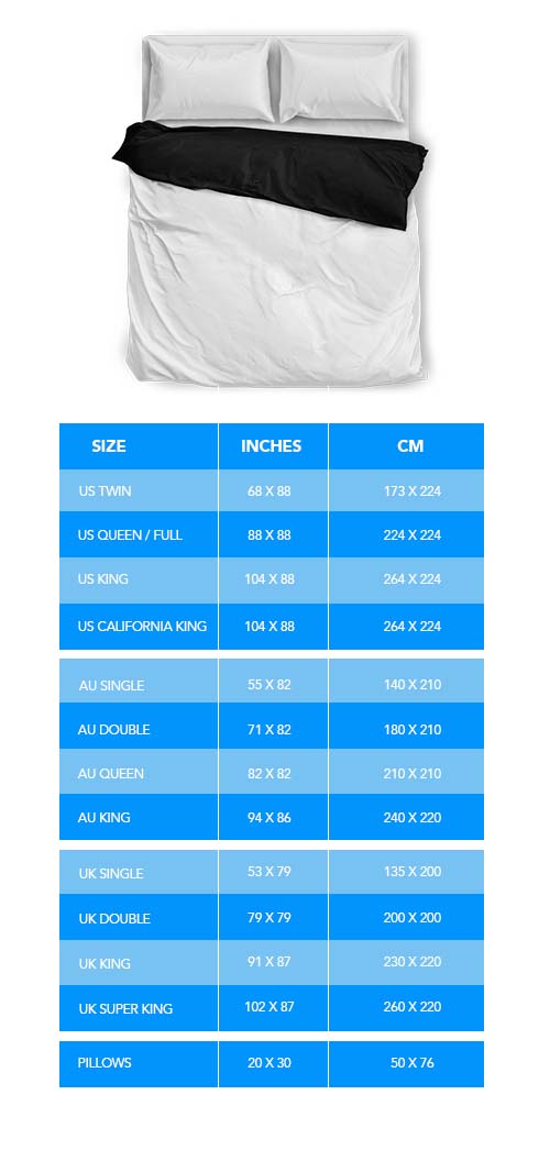 Bedding Size Chart The Moonlight Shop