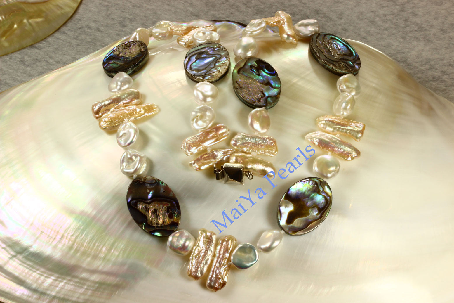 Necklace - Paua Sea Shell Natural & Cultured White Keshi Pearls