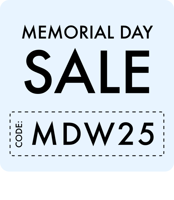Promotional graphic for a Memorial Day Sale with the code MDW25, offer valid until 5/27/24.