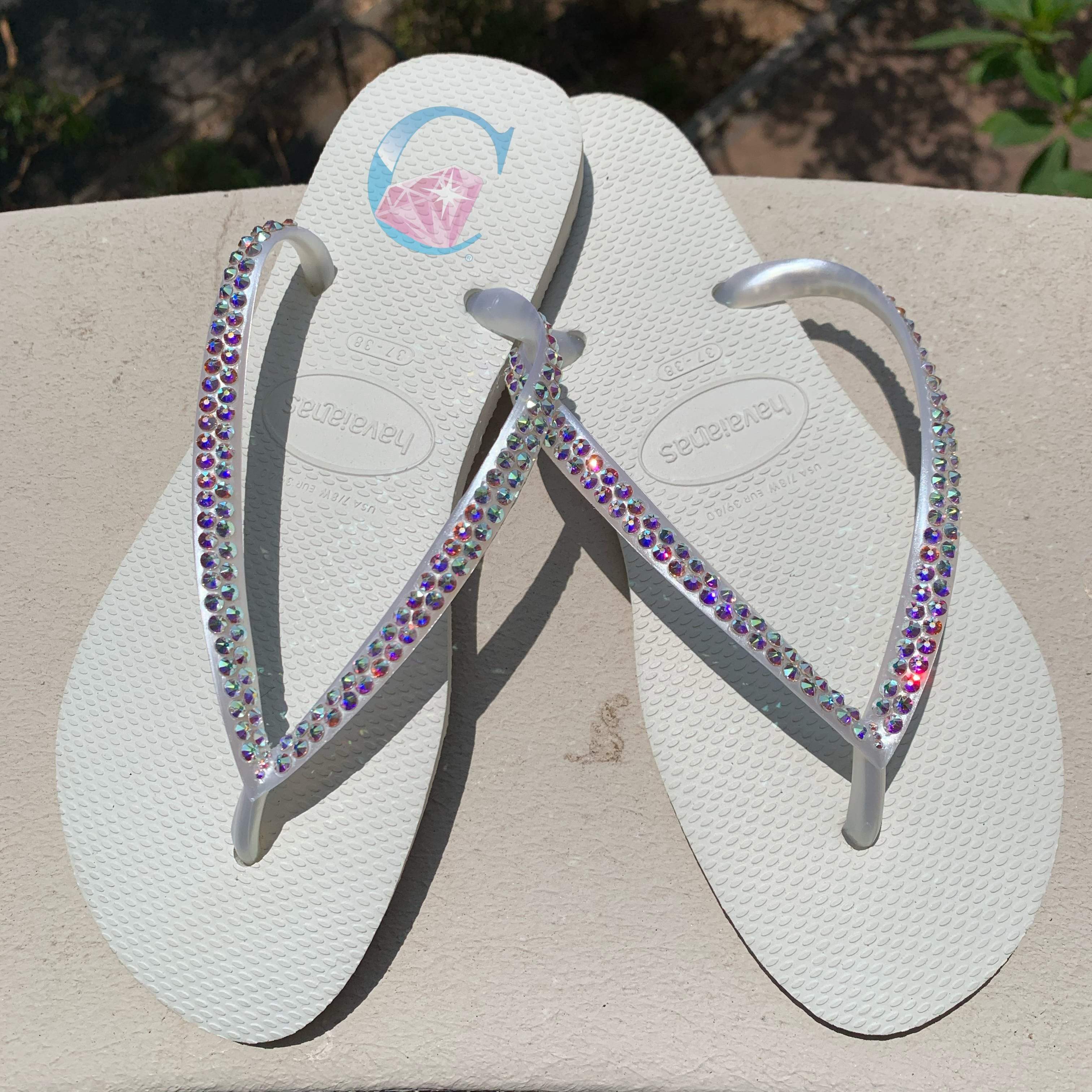 White Thin Strap embellished Havaianas - 2 Rows * – It's Crystalicious®
